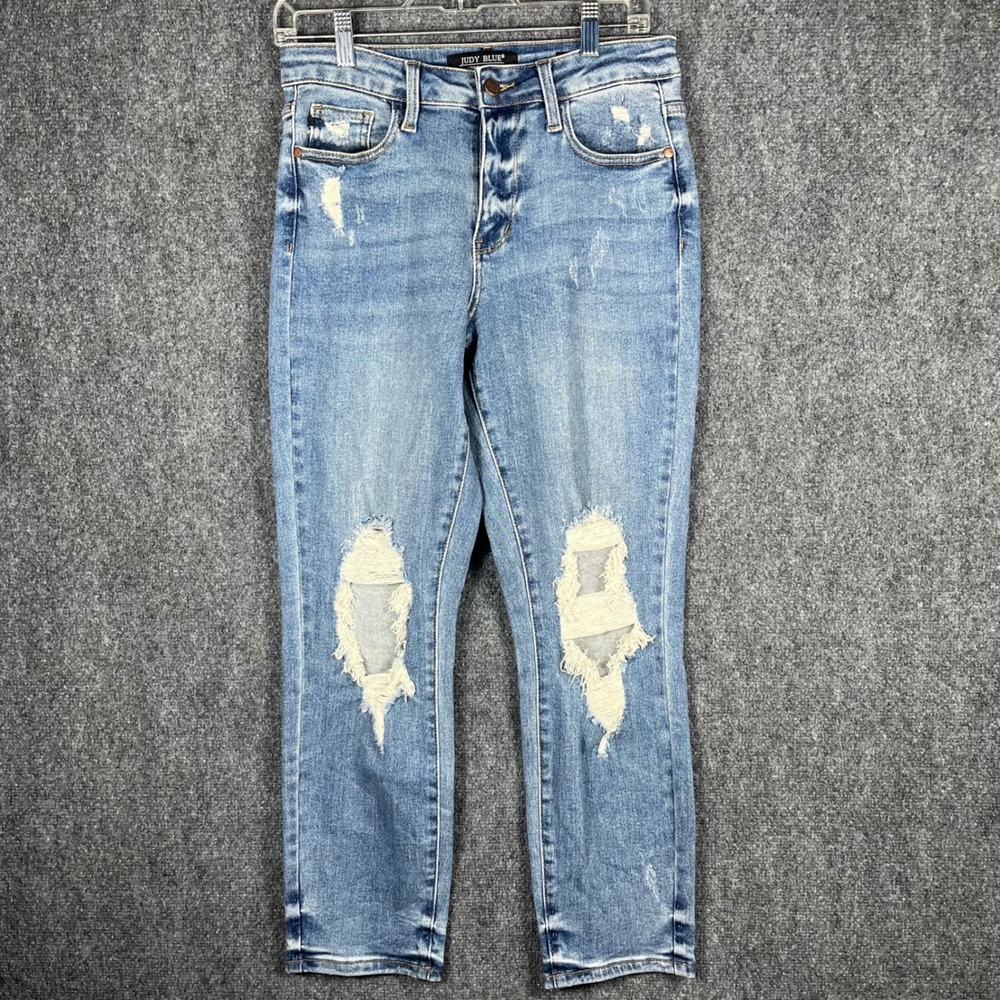 Judy‎ Blue Boyfriend Jeans Women 5/27 Blue Distressed Shredded High Rise
